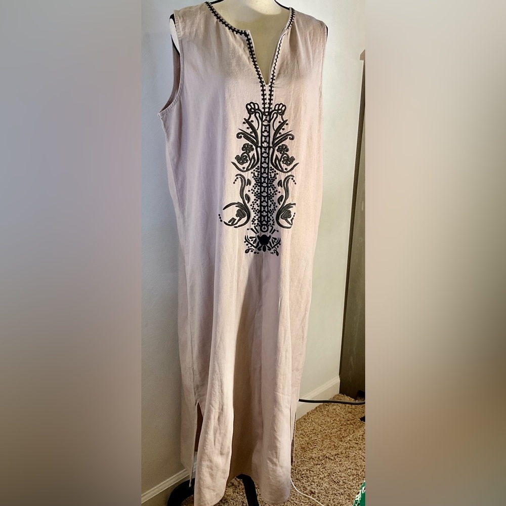 Sigrid Olsen Embroidery Sheath Linen Maxi DressTan Black Lagenlook XL Boho Loose